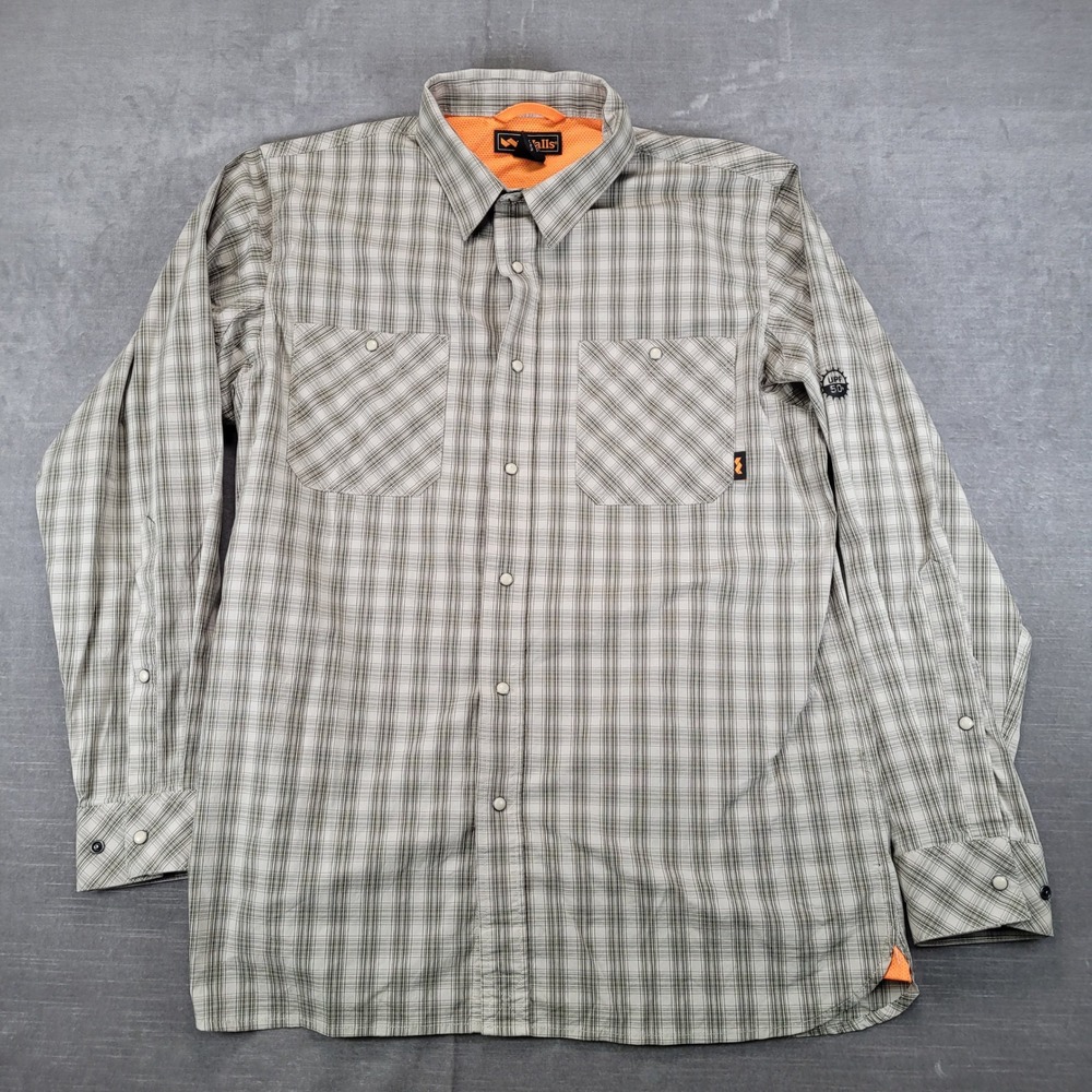Walls Mens Large Plaid Pearl Snap Long Sleeve Work Shirt UPF 50 Mesh Lined Tan‎